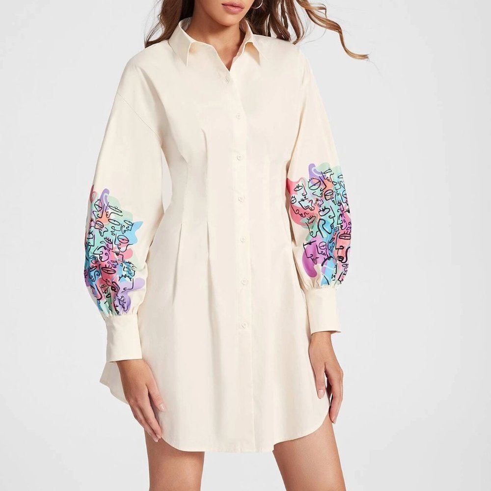 Beige Casual Womens Graphic Lantern Sleeve Fold Pleated Shirt Dress - Picture 5 of 5